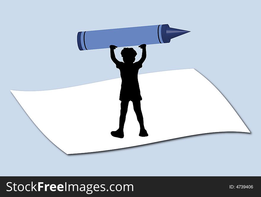 Illustration of mini boy holding large crayon. Illustration of mini boy holding large crayon