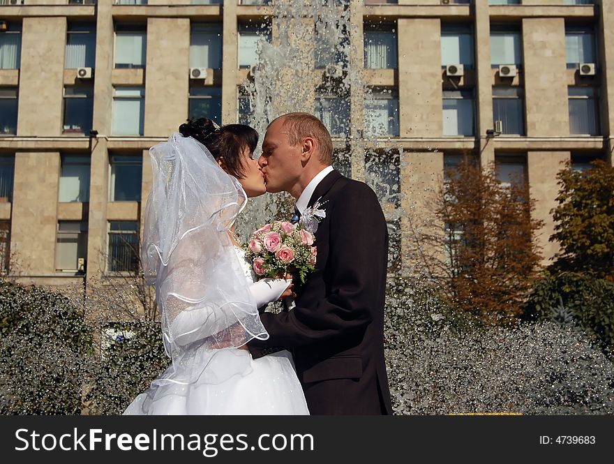 Portrait of the a newly wedded couple kissing