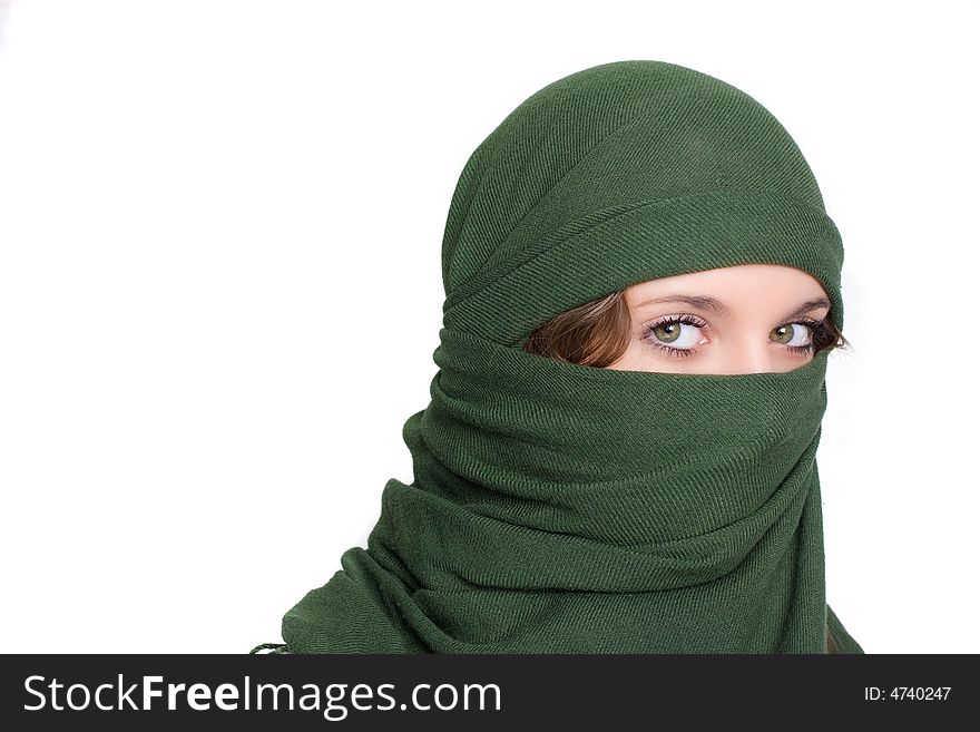 Green scarf cover face of girl. Green scarf cover face of girl
