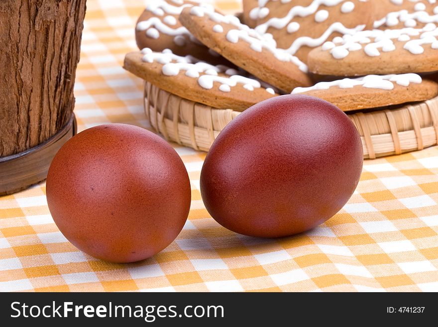 Easter eggs and gingerbread cookies. Easter eggs and gingerbread cookies