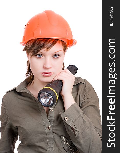 Worker woman with lantern and  helmet