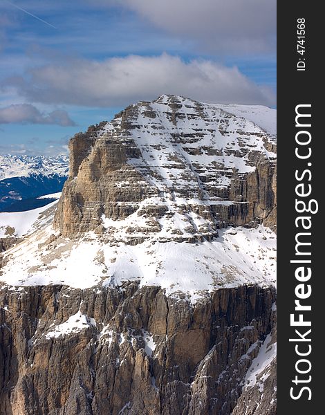 Beautiful winter mountain landscape in Italian Dolomites. Fassa Valley, popular ski resort.