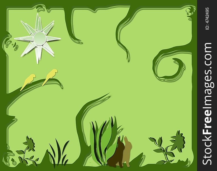 Twirly growing design with balanced and beautifully stylized shapes. evolving growing parrots rabbits plants flowers. Twirly growing design with balanced and beautifully stylized shapes. evolving growing parrots rabbits plants flowers