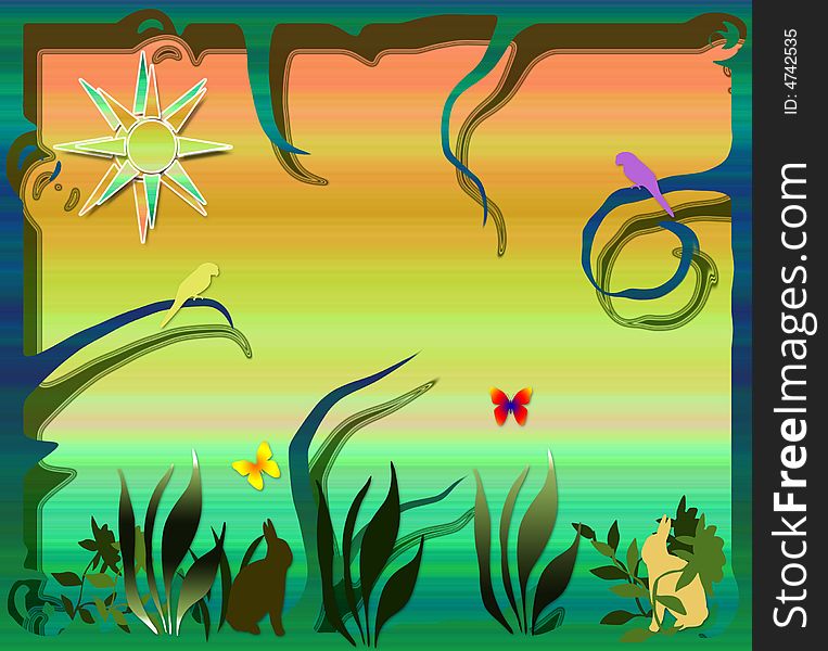 Twirly growing design with balanced and beautifully stylized shapes. evolving growing parrots rabbits plants flowers butterfly's sun. Twirly growing design with balanced and beautifully stylized shapes. evolving growing parrots rabbits plants flowers butterfly's sun