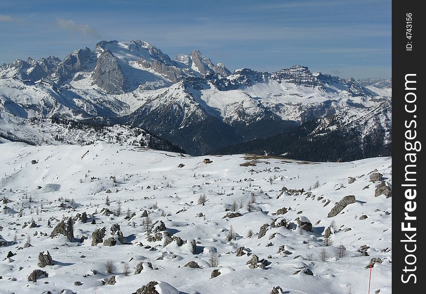 Livinallongo dolomites, with Marmolada glacier on a winter day