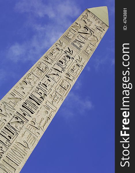 France; Paris;  detail of  the carved egyptian obelisk at the concorde square; one of the most famous squares in paris; hieroglyphics representation. France; Paris;  detail of  the carved egyptian obelisk at the concorde square; one of the most famous squares in paris; hieroglyphics representation