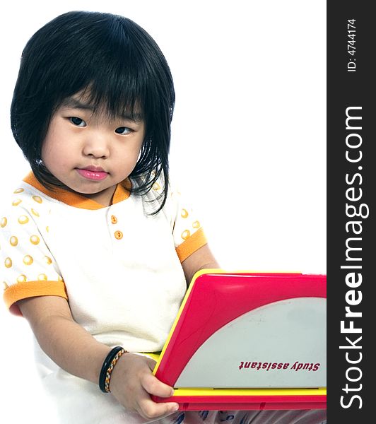 Asian kid use study assistant with white background