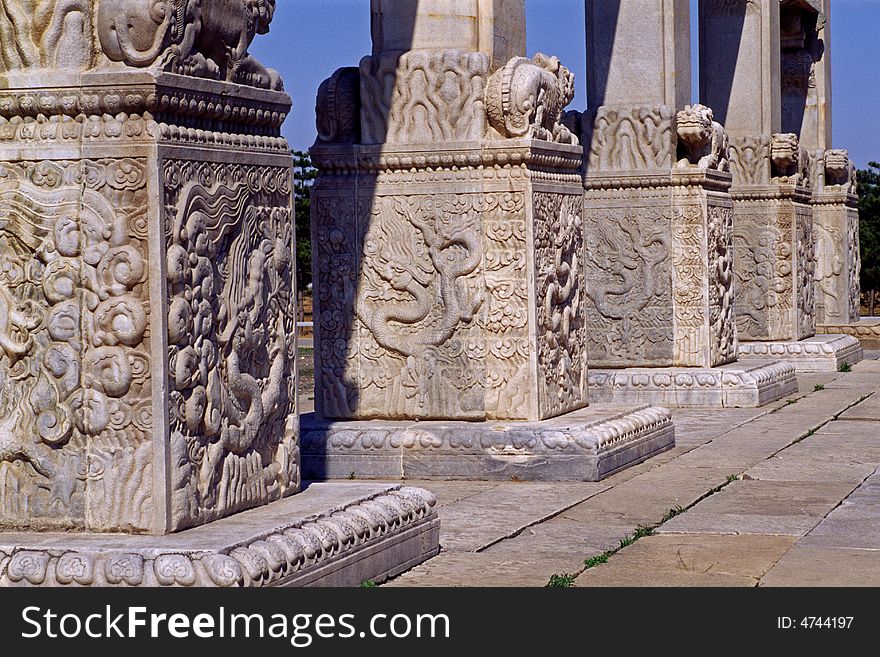 detail carvings of the five stone archway bases, the qing east tombs, china. detail carvings of the five stone archway bases, the qing east tombs, china.