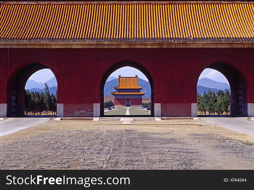 looking through the grand red gate, the qing east tombs, china.