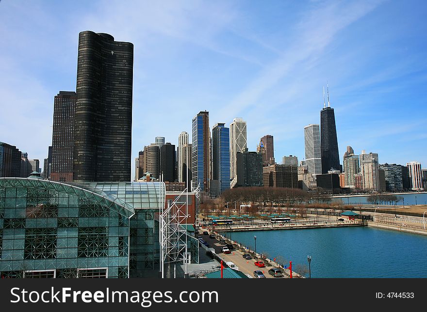 The high-rise buildings in the downtown Chicago. The high-rise buildings in the downtown Chicago