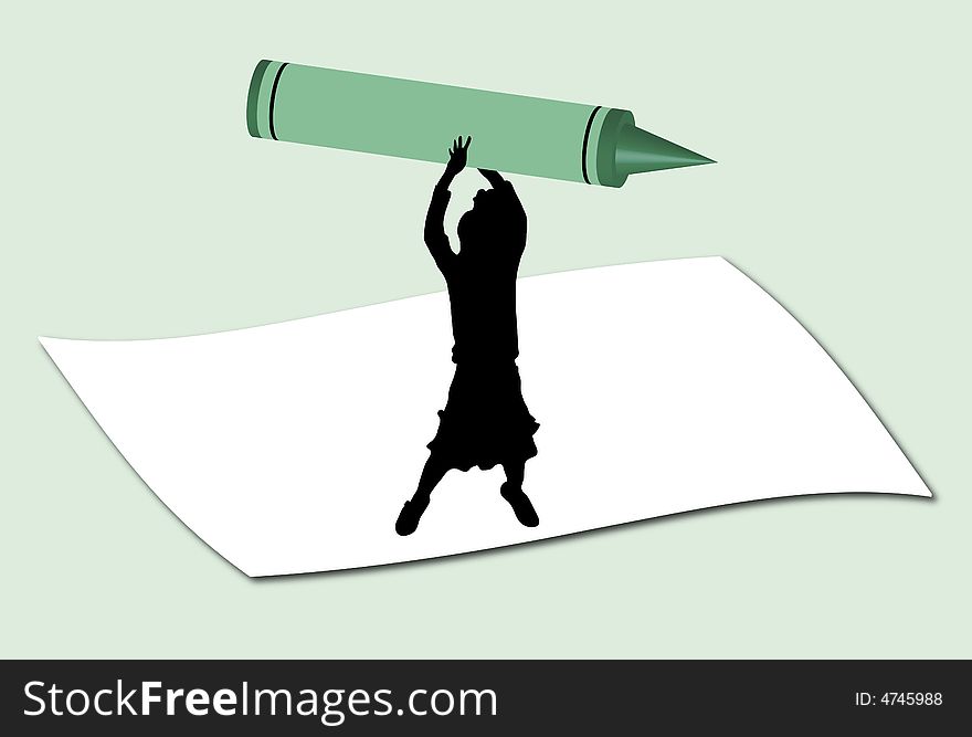 Illustration of mini girl holding large crayon. Illustration of mini girl holding large crayon