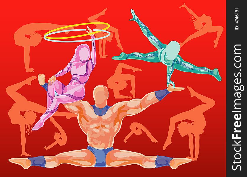 Acrobats in circus show complex acrobatic tricks,  illustration
