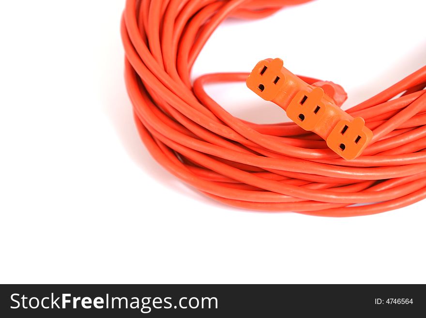 A 100 foot orange extension cord coiled up with a three way splitter