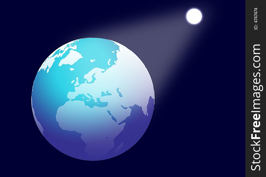 Computer generated digital globe and moon with dark blue background