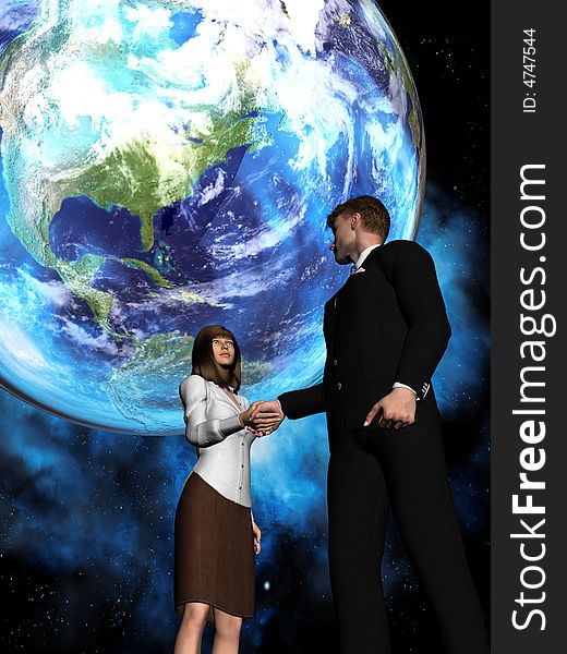 A businessman and a businesswoman shake hands in front of a globe. A businessman and a businesswoman shake hands in front of a globe