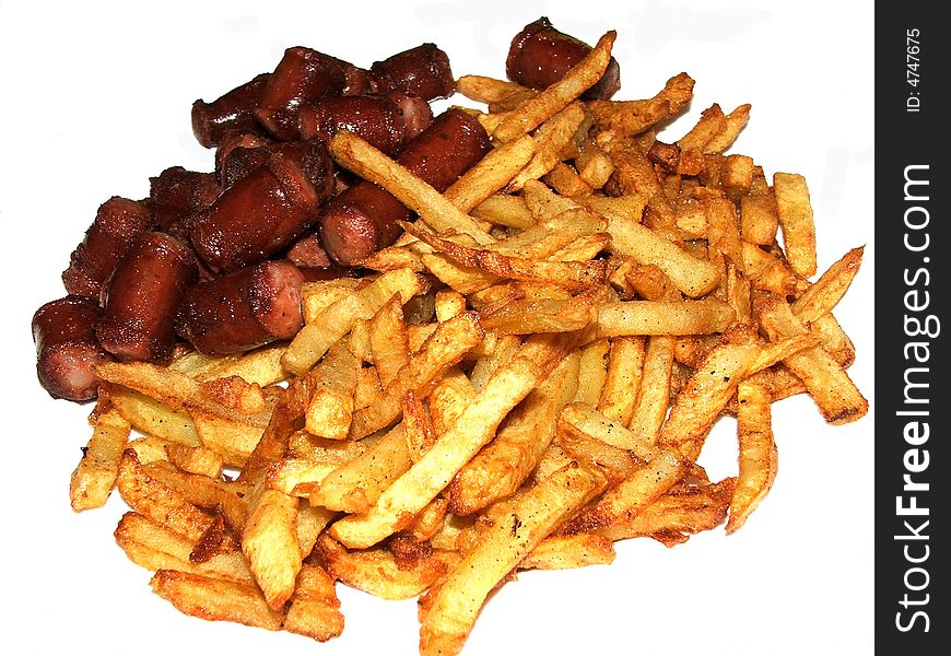 Roast  potatoes and sausages isolated on white