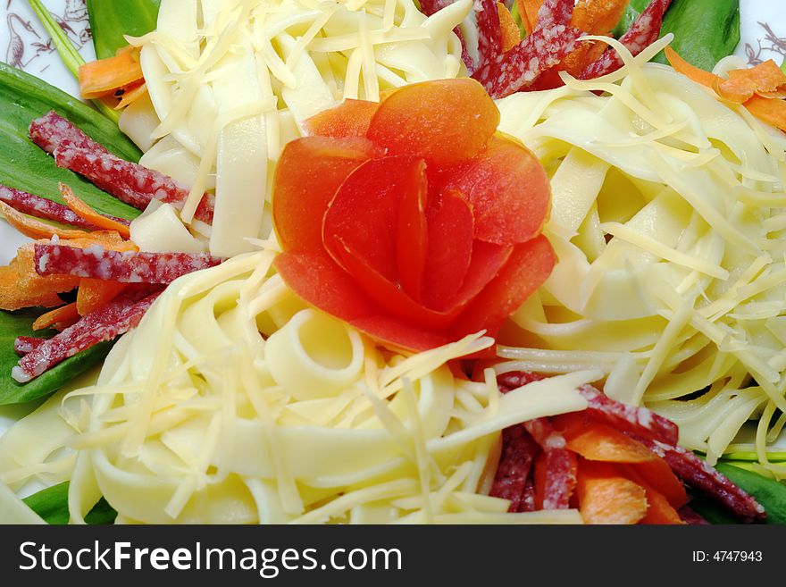 Pasta With Cheese, Salami, Tomatoes And Herbs
