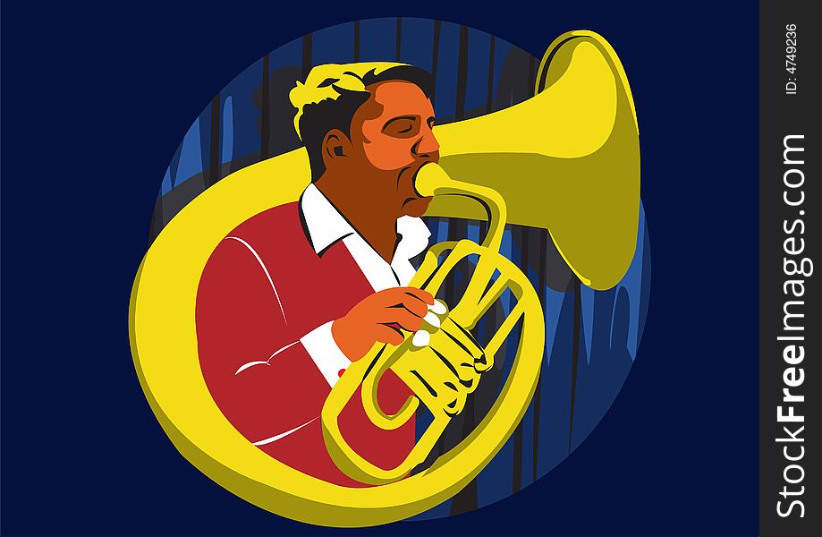 Closeup Illustration of young man playing a trumpet on stage. Closeup Illustration of young man playing a trumpet on stage