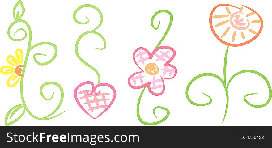 Collection of four pastel-colored floral ornaments drawn in line-art style; isolated. Collection of four pastel-colored floral ornaments drawn in line-art style; isolated