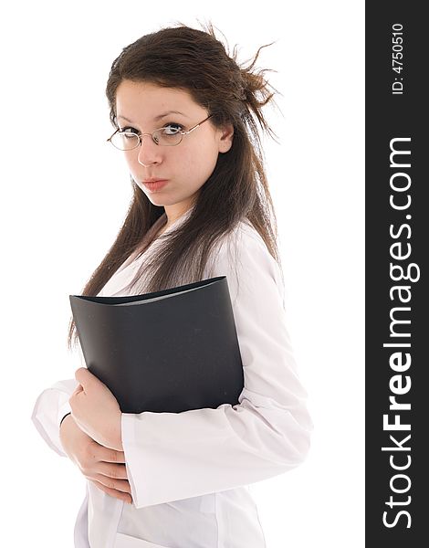 The young attractive nurse with a folder isolated on a white background