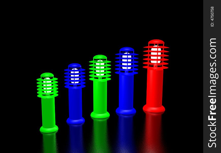 Five color lanterns on black background