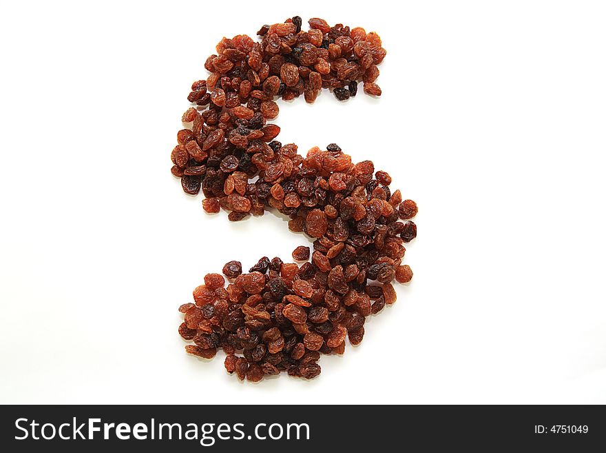 The letter S made from sultanas. The letter S made from sultanas