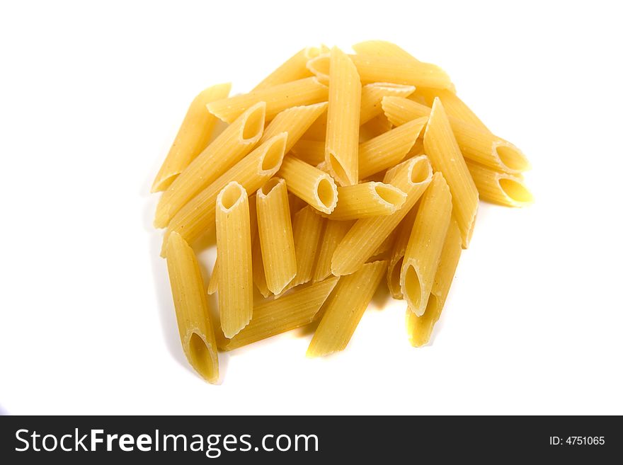 A serving of dried ziti on a white background