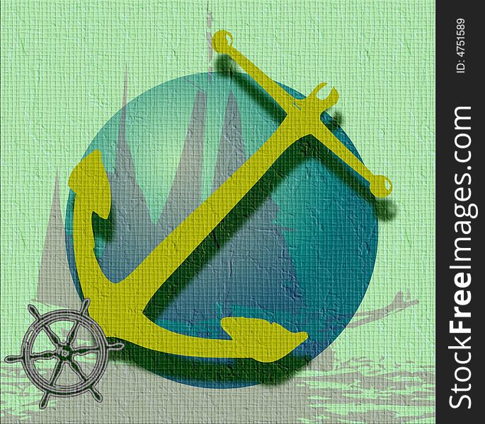 Abstract colored illustration with yellow anchor shape and vessel steering wheel