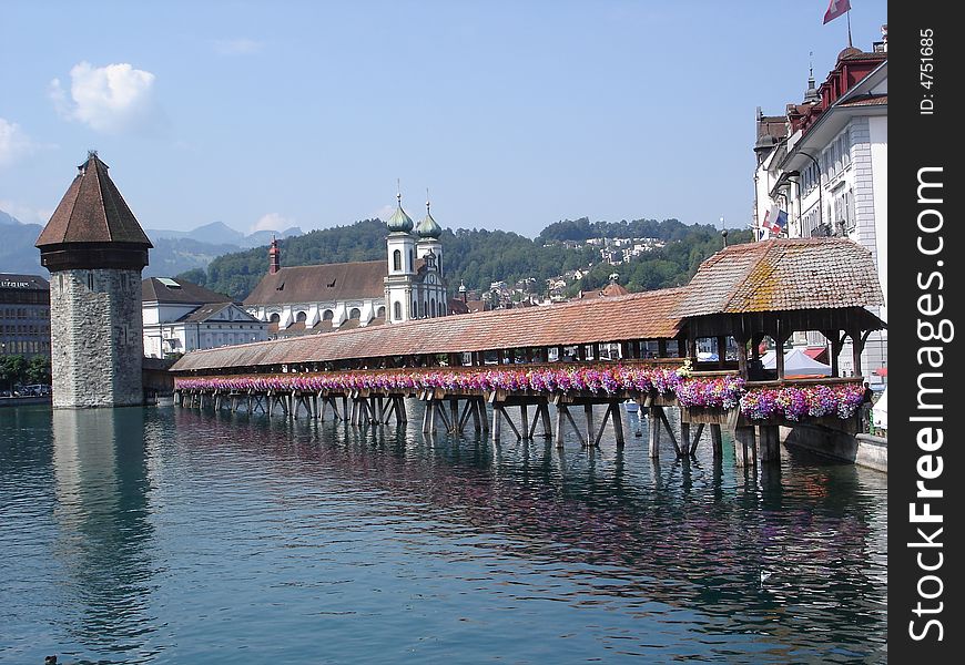 Famous Chapel Bridge in Lucerne, Switzerland