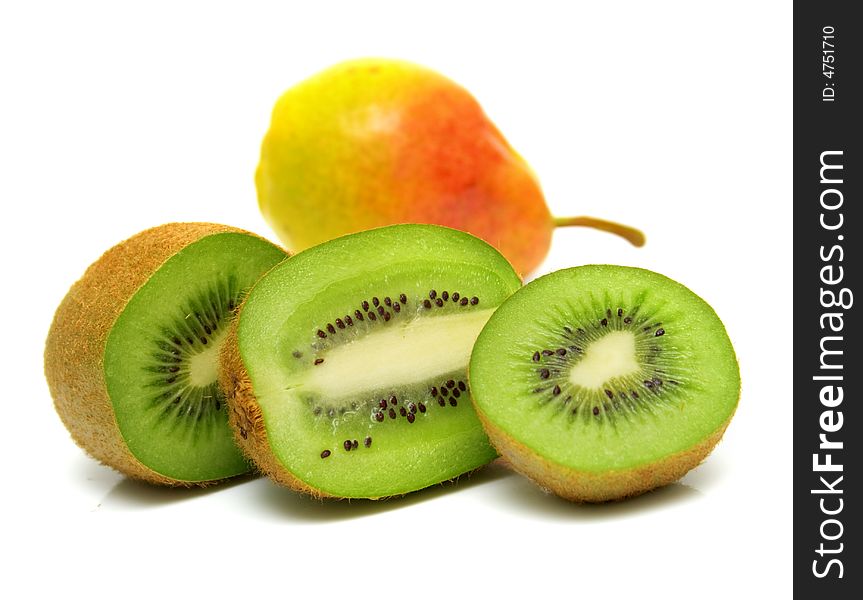 Pear and kiwi on white. Isolation. Pear and kiwi on white. Isolation.