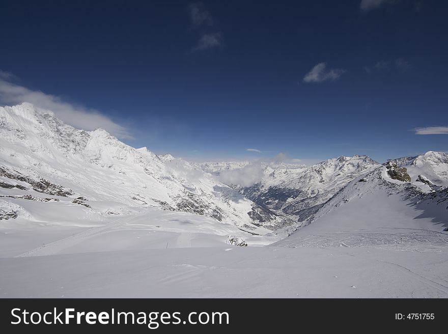 This photograph shows the top of a mountain in the resort of Saas-Fee in Switzerland. There are ski marks in the snow, and you can see down the valley over Saas-Fee and other mountain villages. This photograph shows the top of a mountain in the resort of Saas-Fee in Switzerland. There are ski marks in the snow, and you can see down the valley over Saas-Fee and other mountain villages.