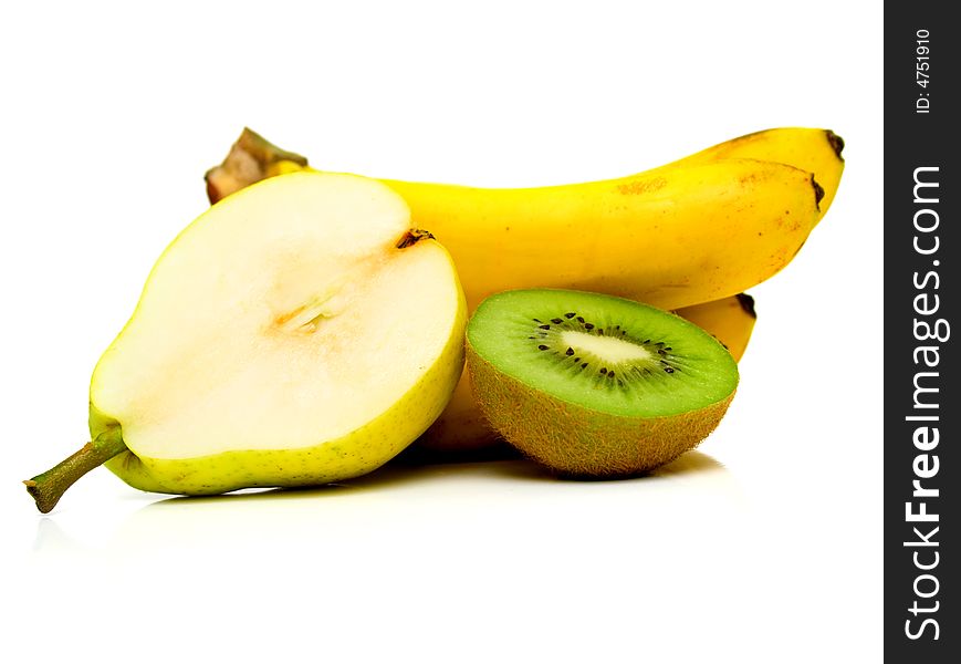 Kiwi, pears and bananas on white. Isolation. Kiwi, pears and bananas on white. Isolation