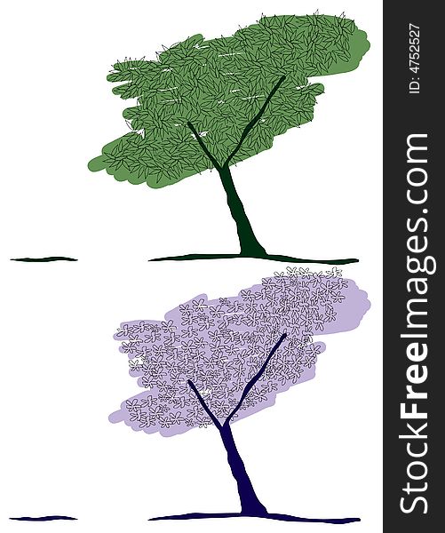Vector illustration of green tree and flower tree