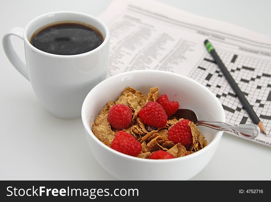 Cereal and coffee with pencil for crossword puzzle. Cereal and coffee with pencil for crossword puzzle