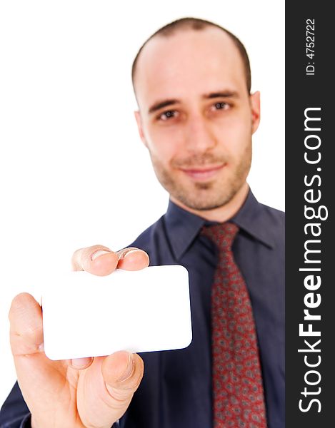 Business man giving a blank card on white. Business man giving a blank card on white