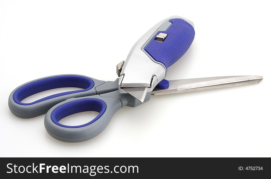 Blue gray handle scissors and box knife. Blue gray handle scissors and box knife