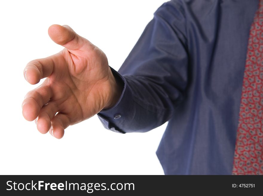 Business man giving a hand shake on white