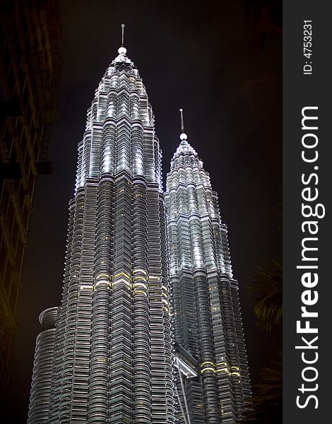 Petronas Tower in Kuala Lumpur in Malaysia photographed in the night lights.