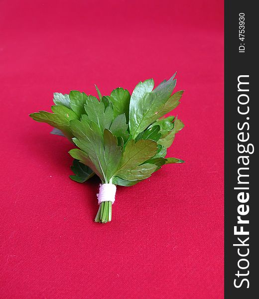 Bouquet of parsley tied with a white rope in red background.