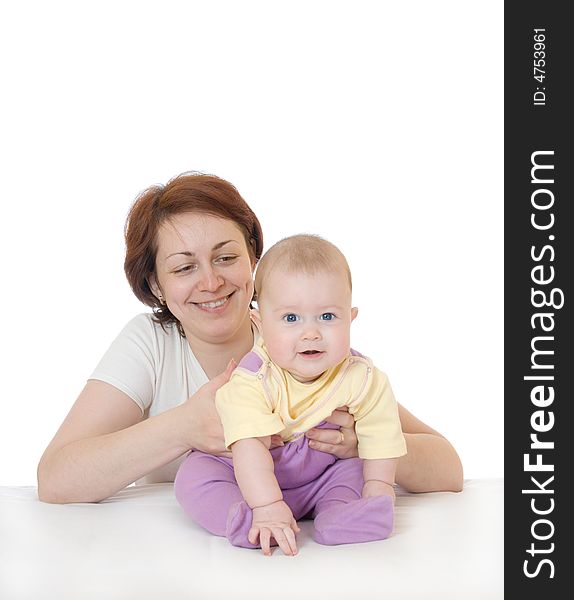 Small baby with mother isolated on white