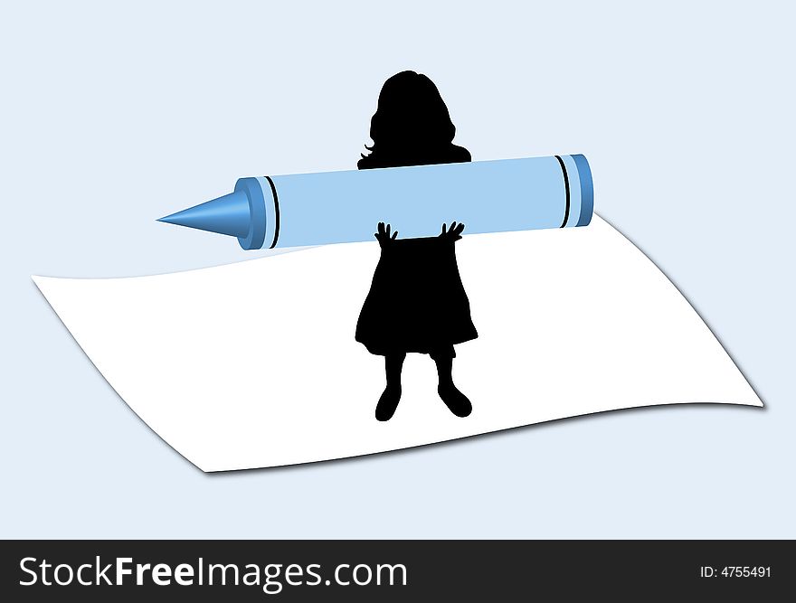 Illustration of mini girl holding large crayon. Illustration of mini girl holding large crayon