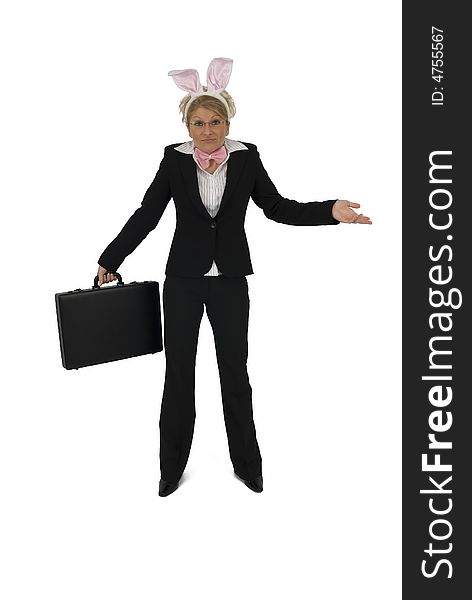 Business woman with ears. As Easter Bunny.With suitcase. Business woman with ears. As Easter Bunny.With suitcase.