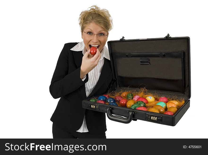 Business Woman with a suitcase full of eggs.