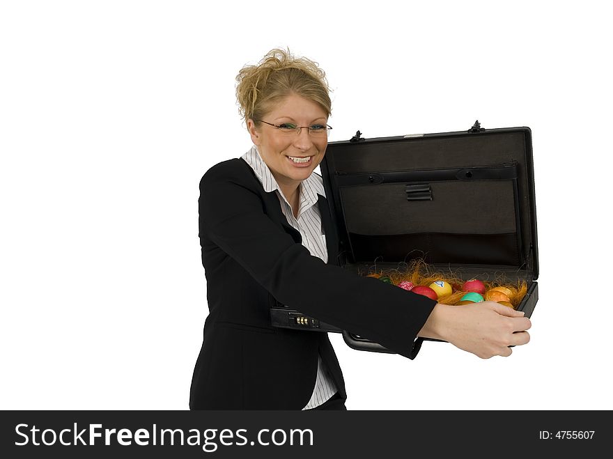 Business woman with a suitcase full of easter-eggs. Business woman with a suitcase full of easter-eggs.