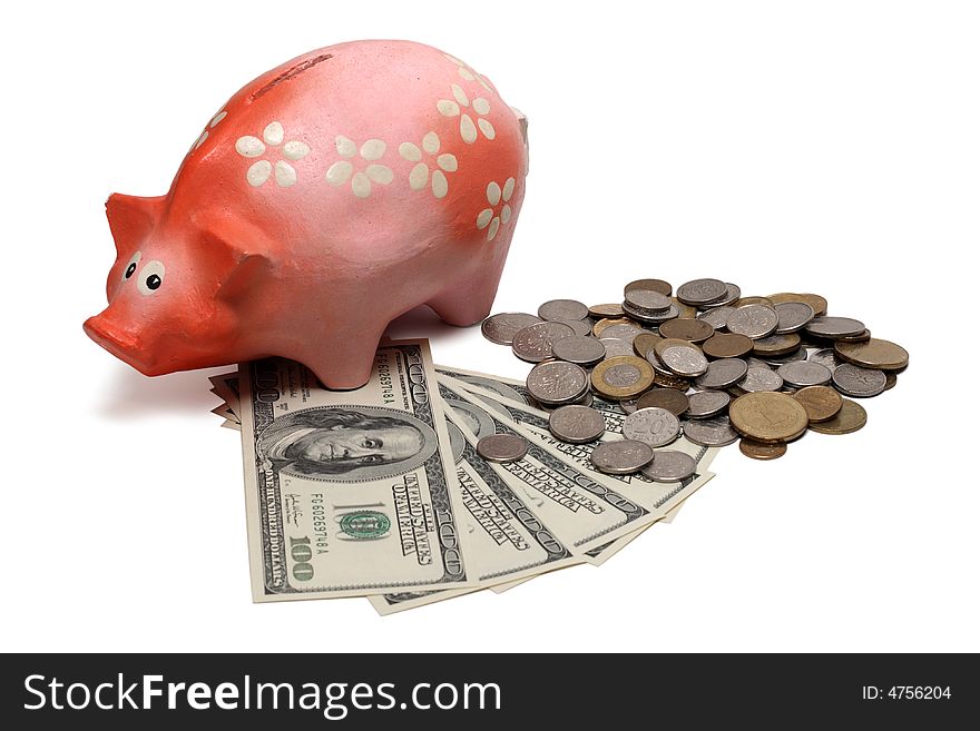 Piggy Bank With Dollar Bills And Coins