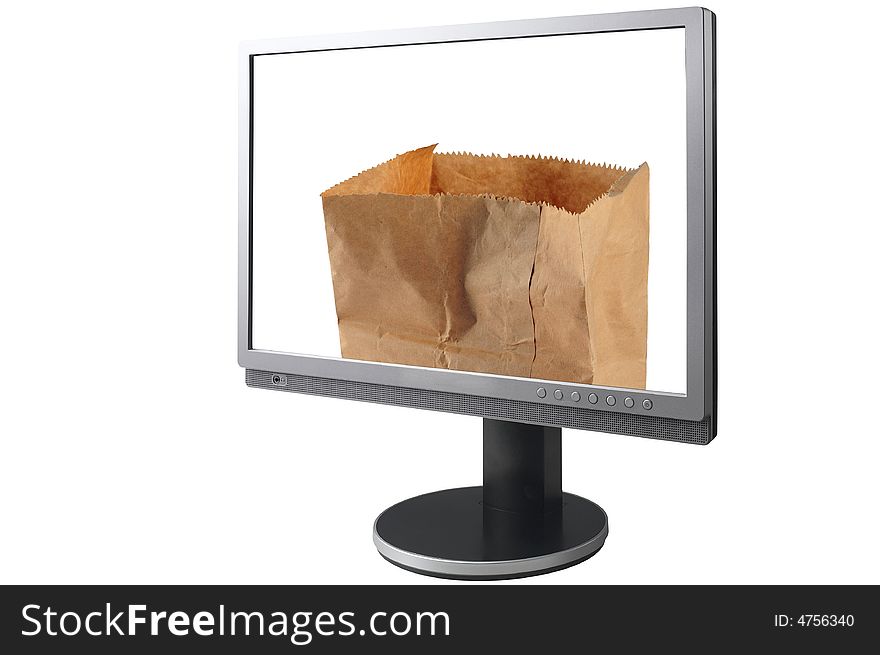 LCD monitor with empty paper bag. LCD monitor with empty paper bag