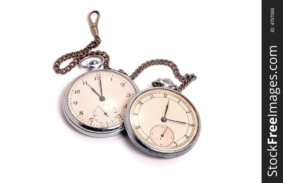 Old soviet pocket watch covered with rust and dust isolated on white background. Old soviet pocket watch covered with rust and dust isolated on white background