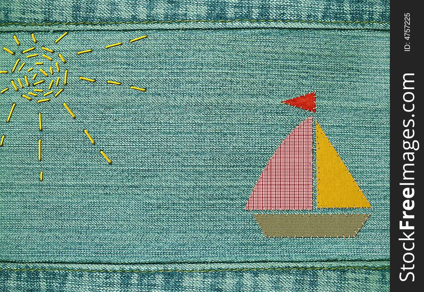 Yacht From Multi-coloured Cloth On A Jeans Fabric