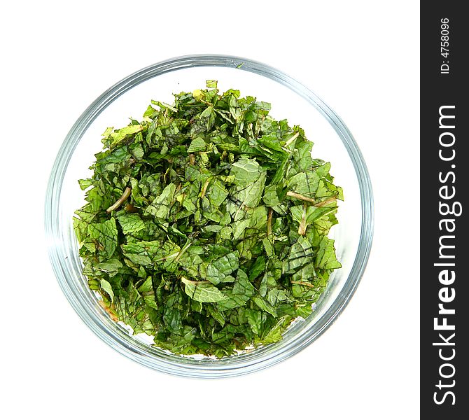 Chopped Fresh Mint Leaves in Glass Bowl over white background.