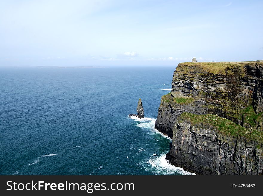 A Picture of the Cliffs of Moher on the west coast of Ireland with O'Briens Tower in the background.